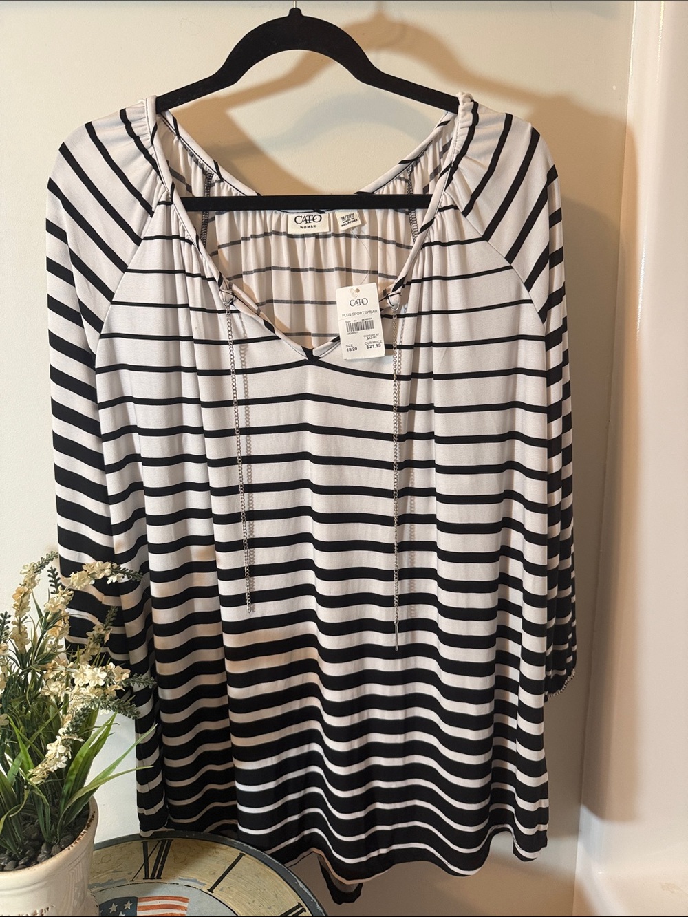 Cato Black & White Striped V-Neck Tie-Detail Tunic